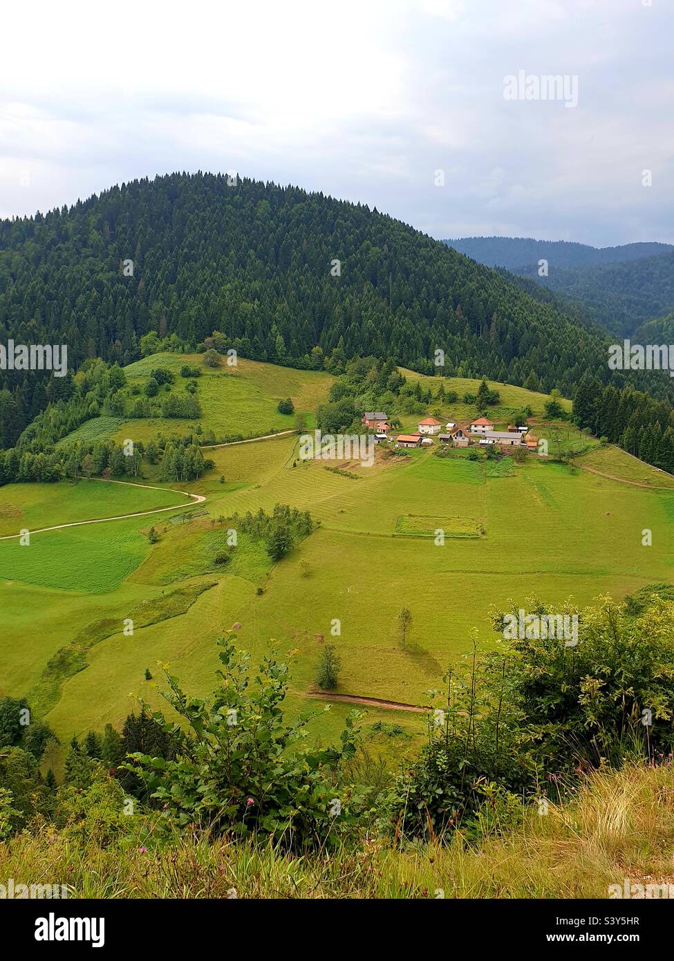 A lonely village in the mountains.  Is this an anti-stress drug? Stock Photo