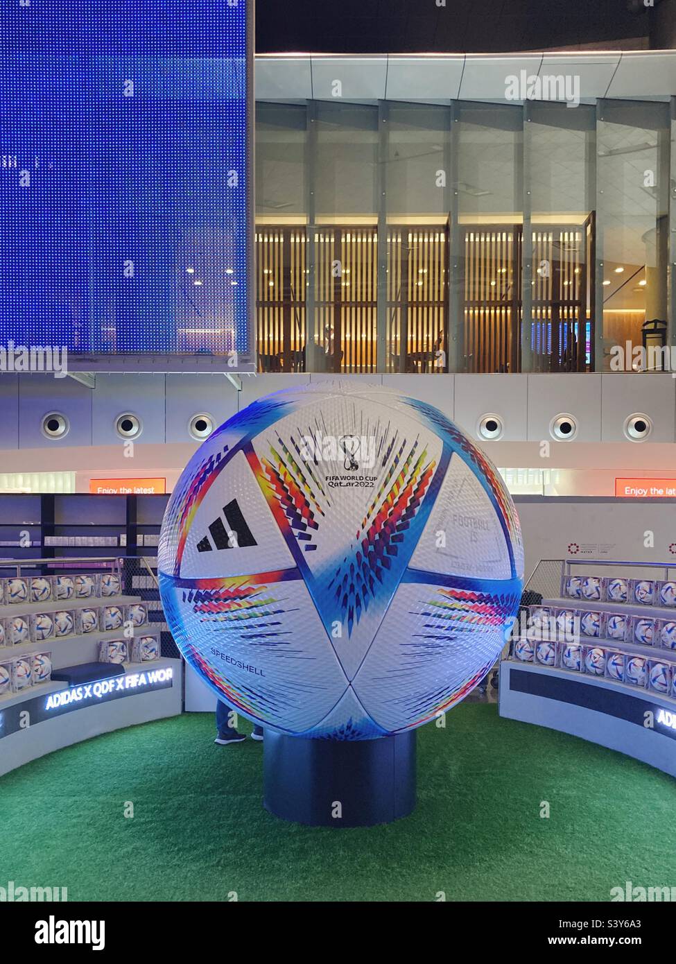 Giant football at Hamad International Airport, Doha, Qatar - Smartphone Captured Stock Image
