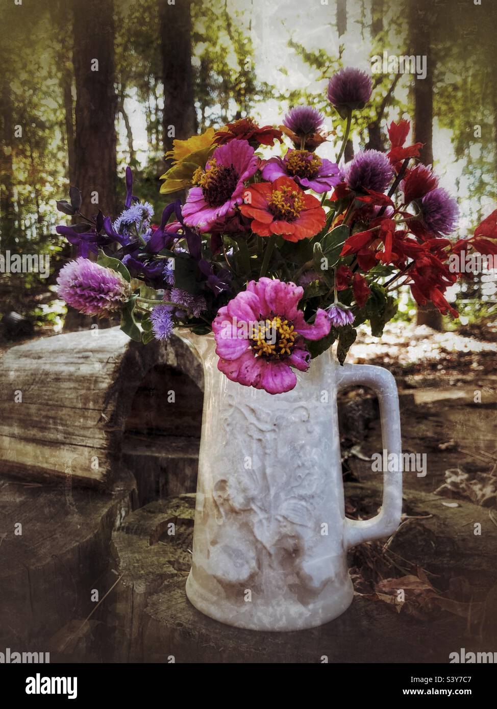 Still life resembling old painting of end of season garden flowers in a white pitcher - Smartphone Captured Stock Image