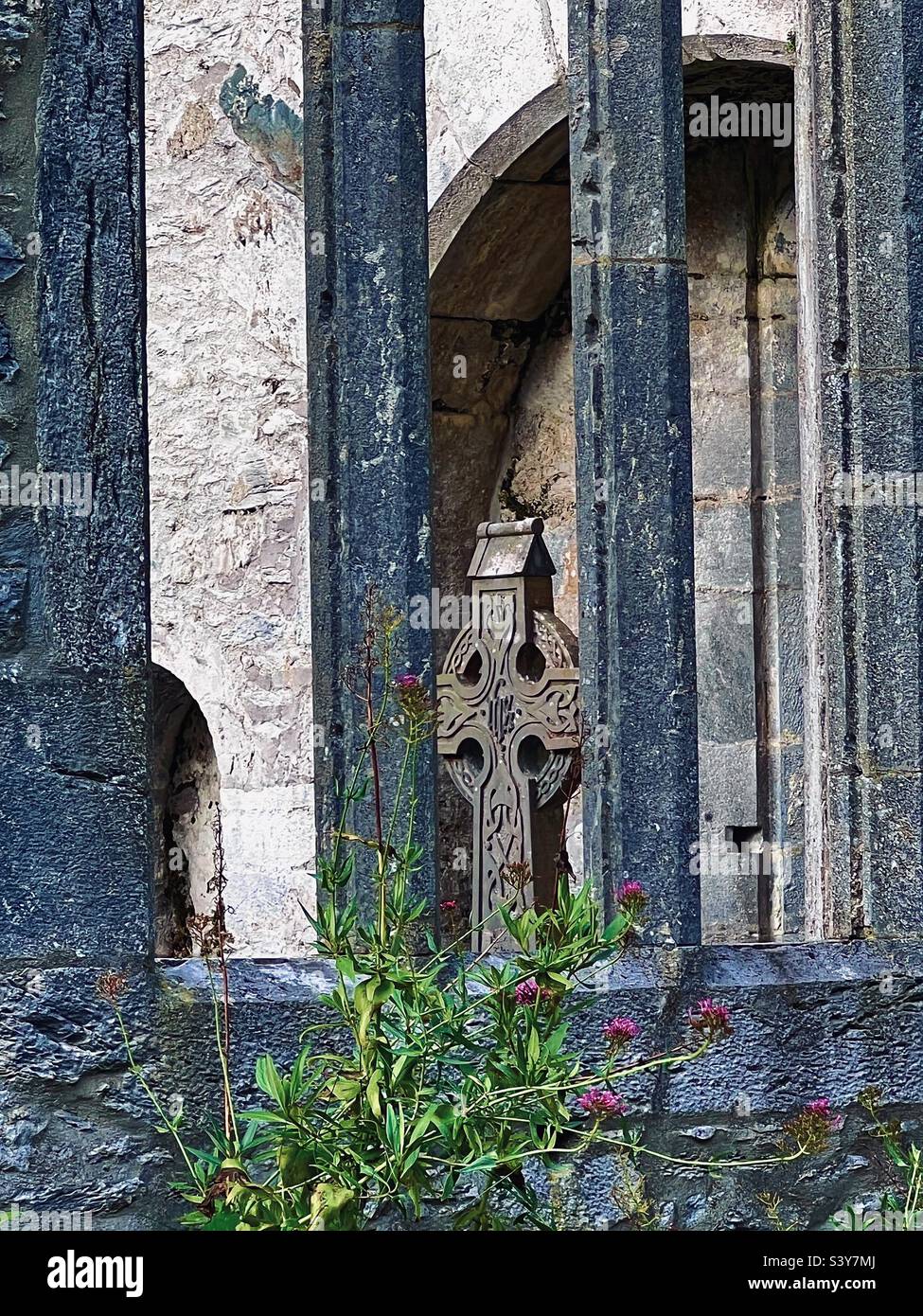 Celtic cross in abandoned muckross abbey Ireland Stock Photo