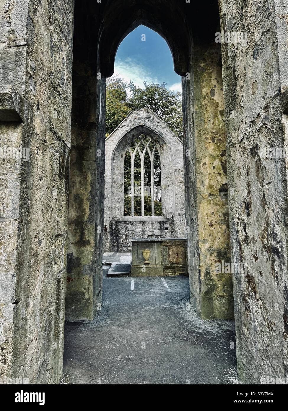 Decaying and abandoned ruins of Muckross Abbey Ireland. Stock Photo