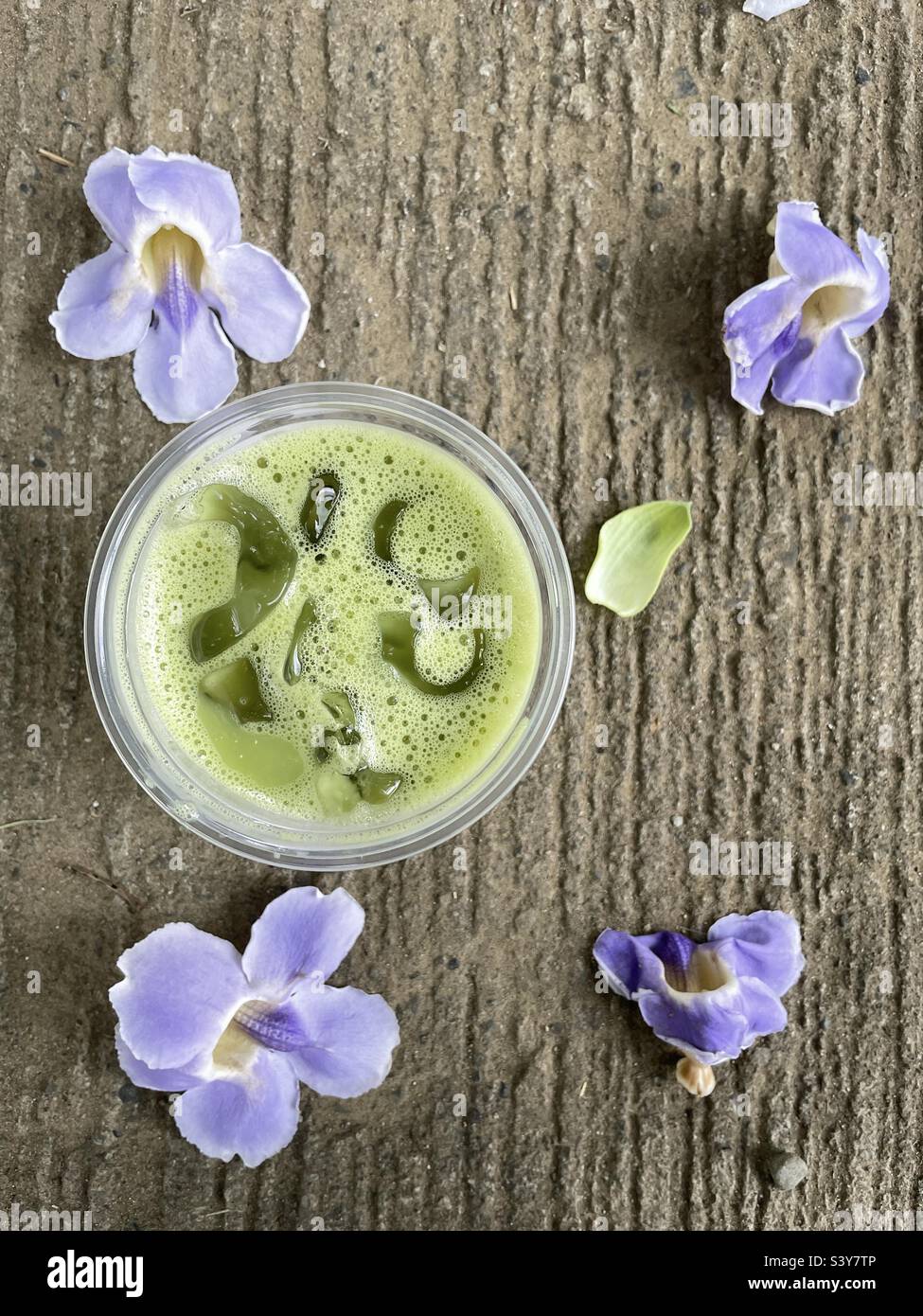 Top shot of green tea matcha latte surrounded by purple flowers on grunge background Stock Photo