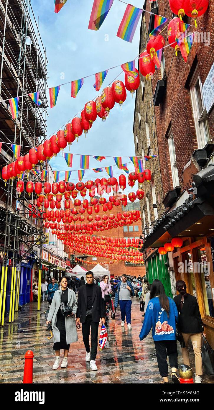 China Town in London with Red Lanterns hanging in the Street - Smartphone Captured Stock Image