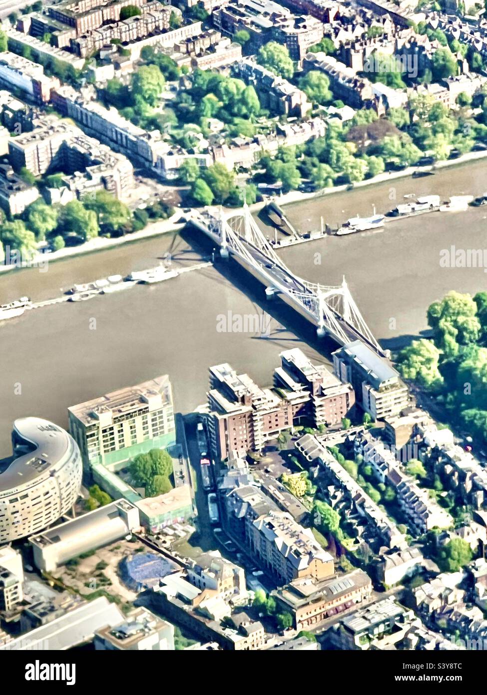 Aerial view of Albert bridge road and the River Thames in Chelsea and
