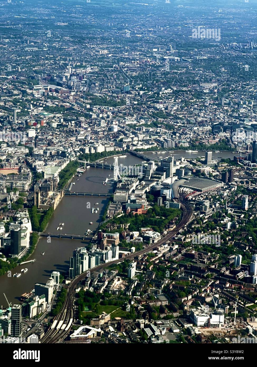 Aerial view of London with Waterloo train station and the millennium wheel Stock Photo