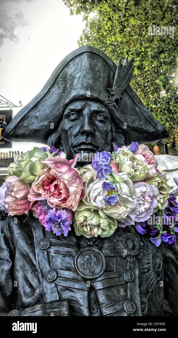 Statue of Lord Nelson outside the Trafalgar Tavern in Greenwich  commissioned to celebrate  the bicentenary of the Battle of Trafalgar. - Smartphone Captured Stock Image