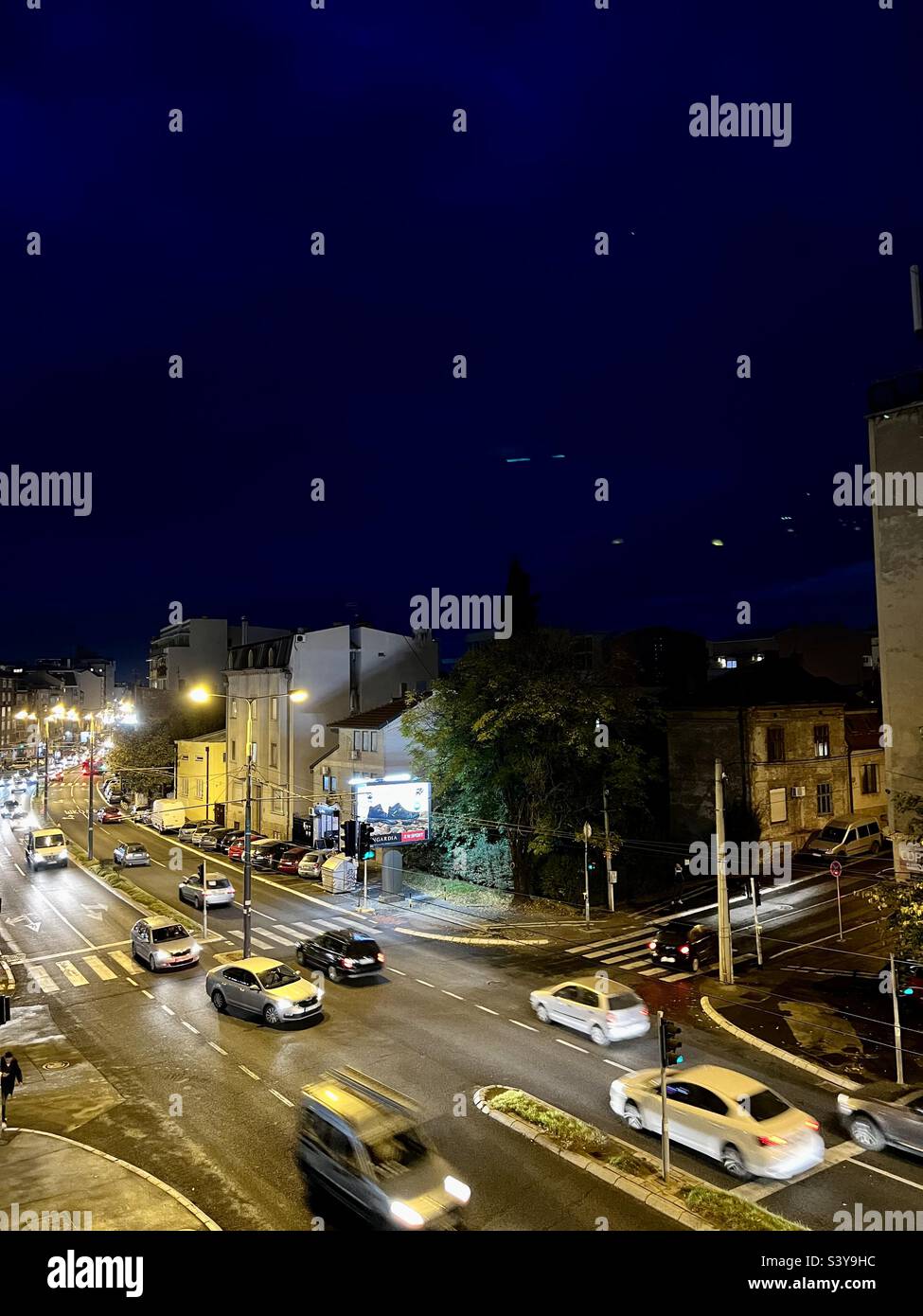 Crossroads and street lights, car lights. Belgrade, Serbia Stock Photo