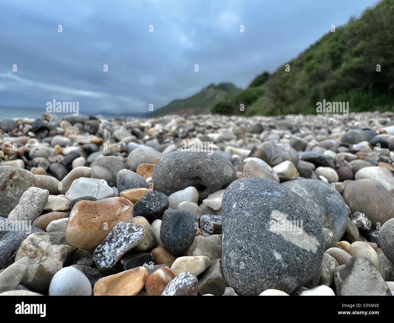 Close up of pebbles on Branscombe beach, Devon, England with gentle green cliffs in the background Stock Photo