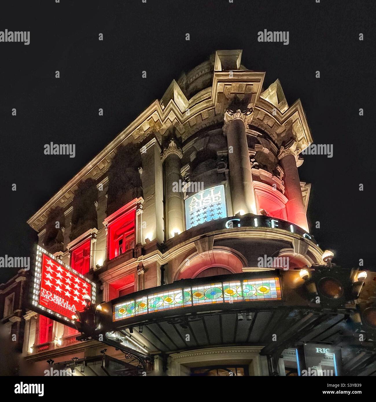 W. G. R. Sprague designed and opened on 27 December 1906 as the Hicks Theatre, later renamed the Globe Theatre in 1909 and now called Gielgud Theatre in honour of actor Sir John Gielgud since 1994. - Smartphone Captured Stock Image