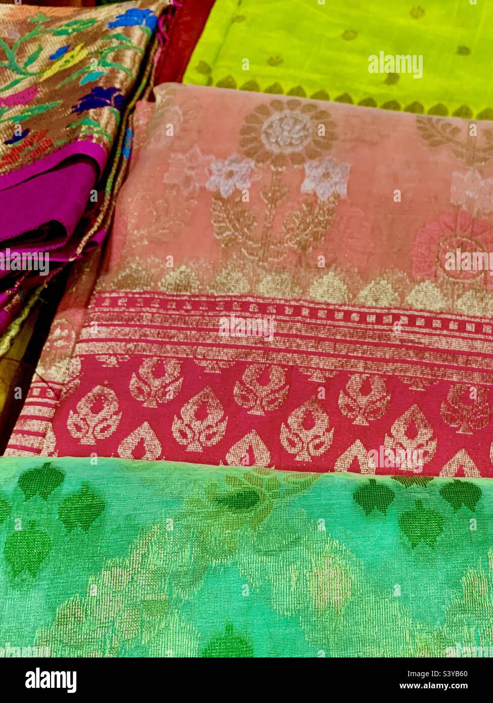 Colorful Indian fabrics on display for Diwali celebration - Smartphone Captured Stock Image