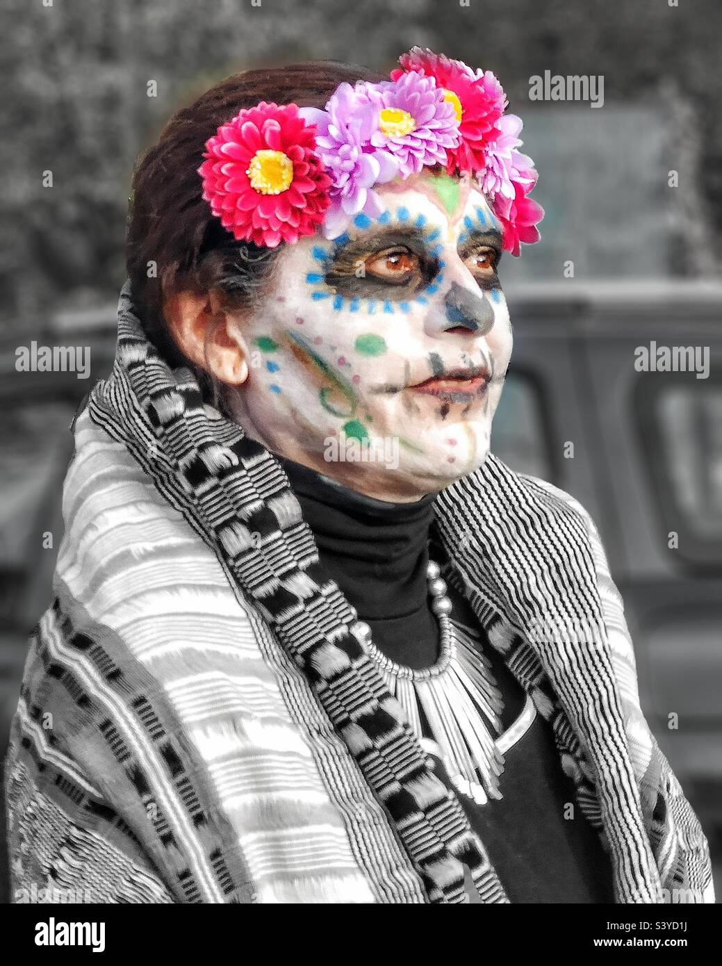 Day of the dead - woman with skull makeup and flowers - Smartphone Captured Stock Image