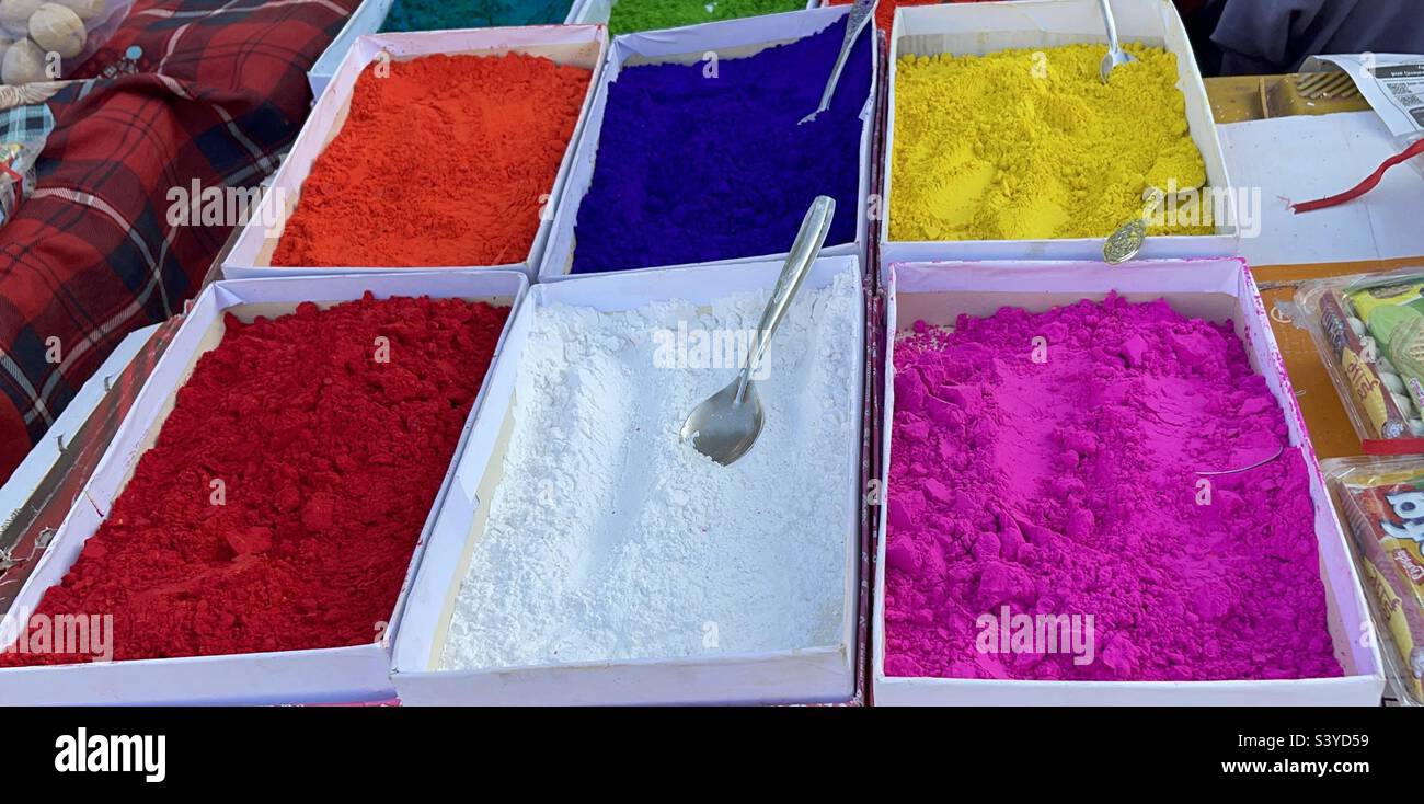 Powdered Colors used during Deepawali, the biggest Hindu festival in Nepal Stock Photo