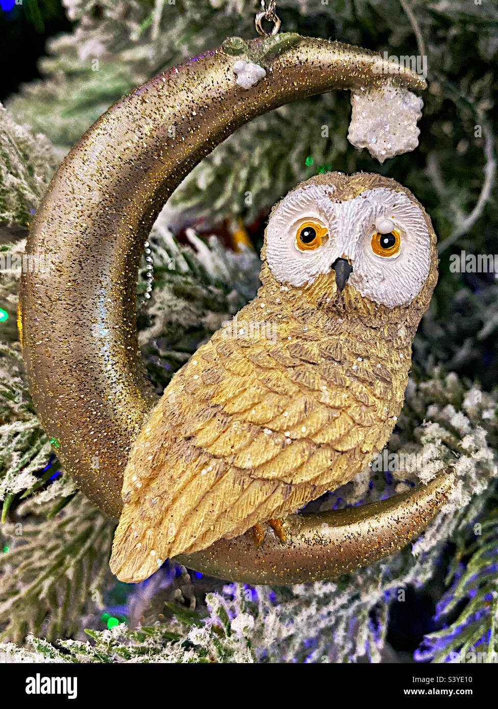 Owl in golden moon Christmas ornament - Smartphone Captured Stock Image