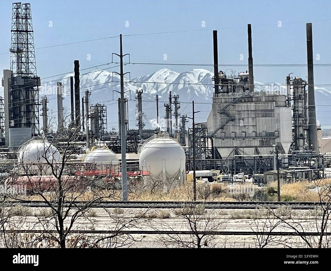 Industrial area near the I-15 Interstate Freeway just north of Salt Lake City, Utah, USA. This area has many working gas and oil refineries. - Smartphone Captured Stock Image