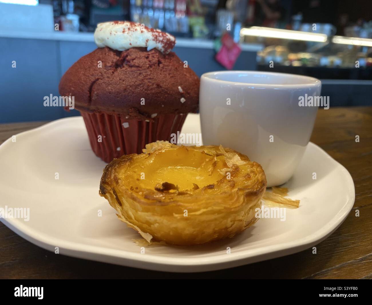 Portuguese Starbucks, Stanta Muffin and Nata with a double expresso - Smartphone Captured Stock Image