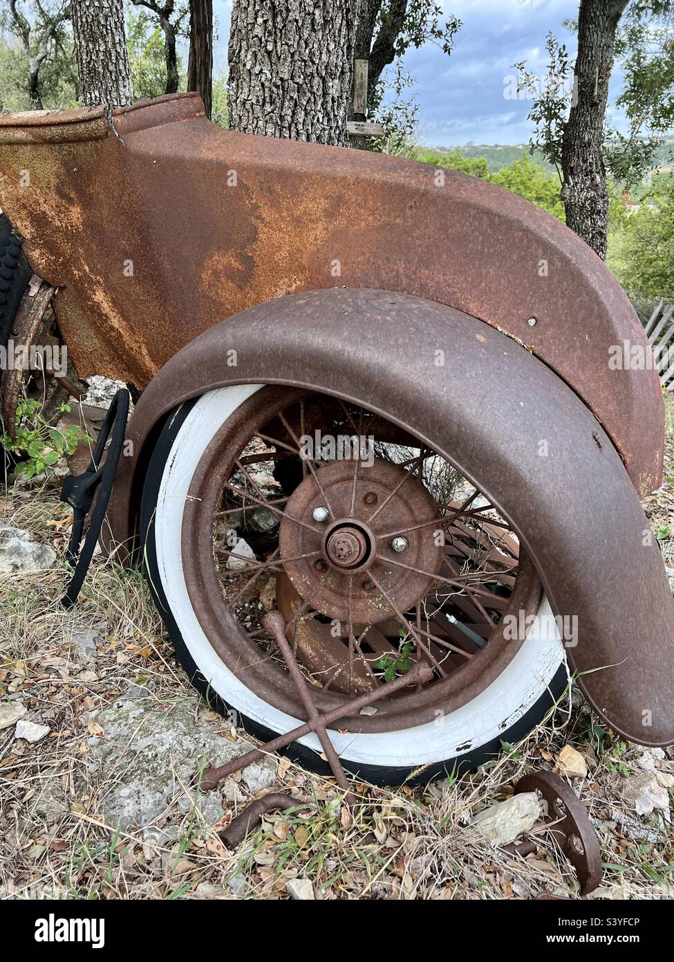 Rusty old car parts abandoned in the woods Stock Photo