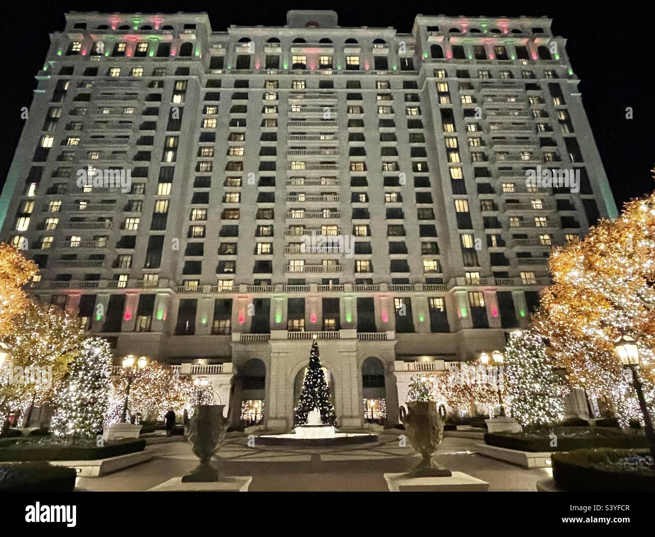 Grand America 5-star hotel in downtown Salt Lake City, Utah, USA decorated and lighted for the Christmas season. - Smartphone Captured Stock Image