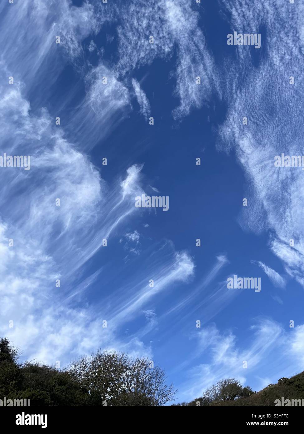 Cirrus clouds (mare’s tail), Wales, November. Stock Photo