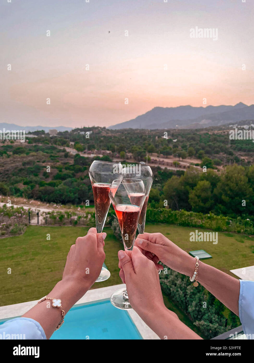 Champagne cheers against mountain landscape - Smartphone Captured Stock Image