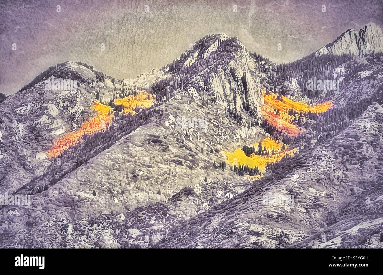 Majestic and beautiful Wasatch mountains, just east of the Salt Lake Valley in Utah, USA, in the fall season. Color select yellow on the mountainside, contrasting with the rest in B&W, for impact. - Smartphone Captured Stock Image