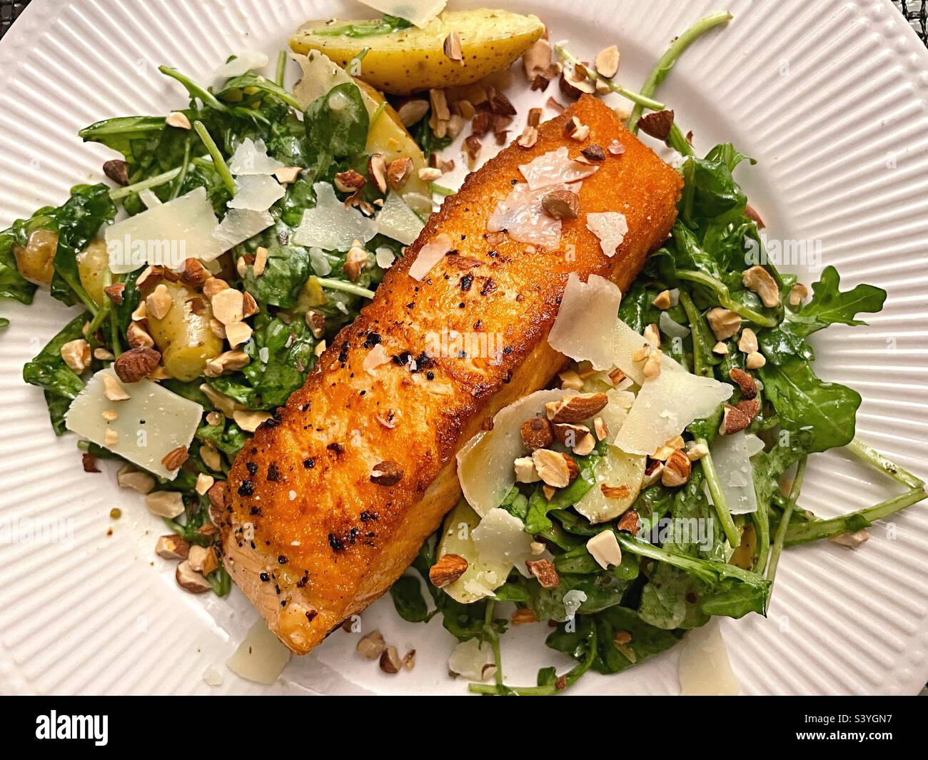 Close Up of Grilled Salmon and New Potato Entree,  USA - Smartphone Captured Stock Image