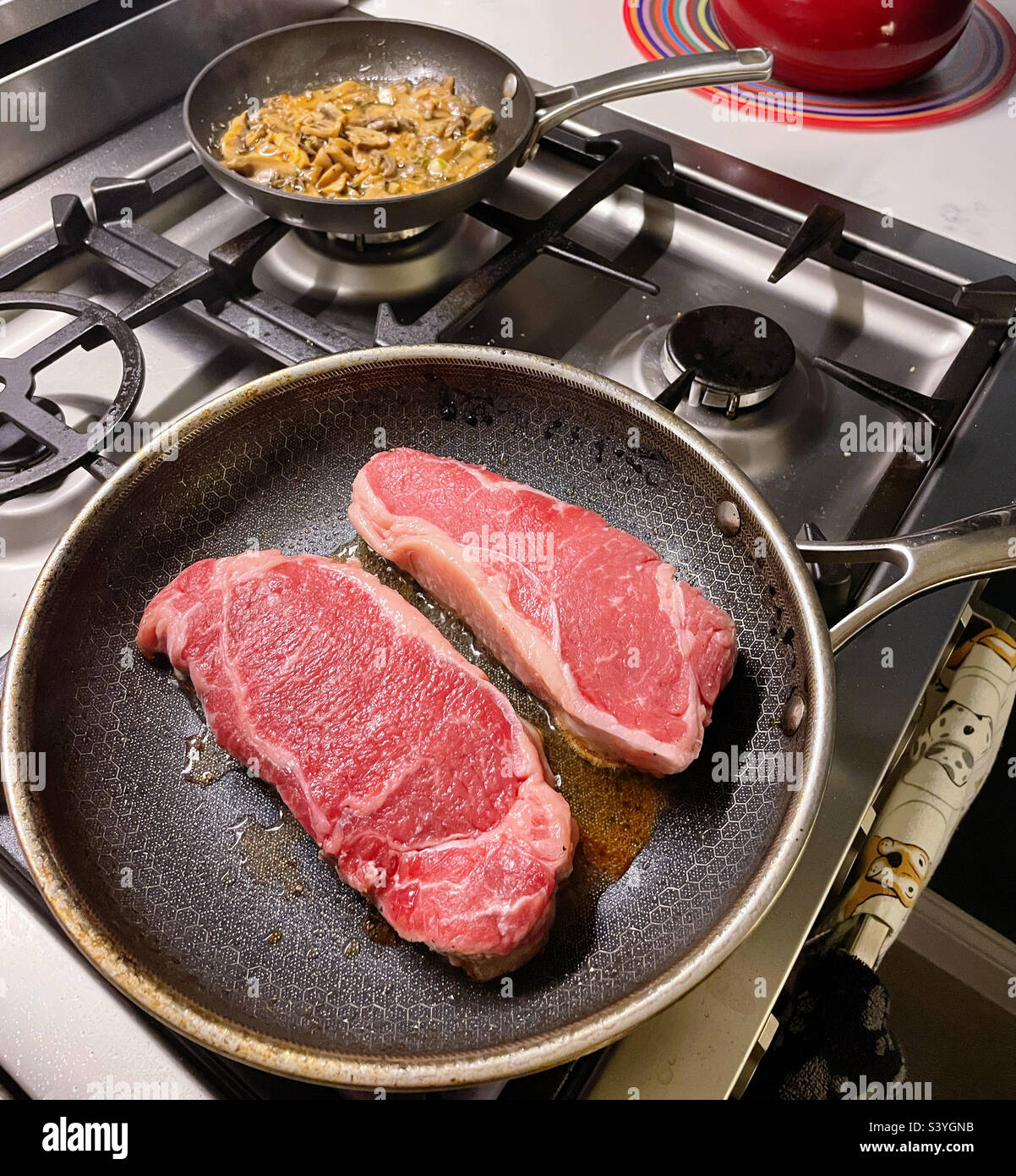 Ribeye steaks frying in a skillet on a residential stove top with sautéed mushrooms in another smaller skillet, 2022, USA - Smartphone Captured Stock Image