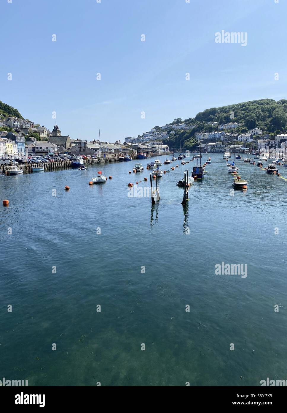 Moorings on the River Looe in summer sunshine, Cornwall, UK - Smartphone Captured Stock Image