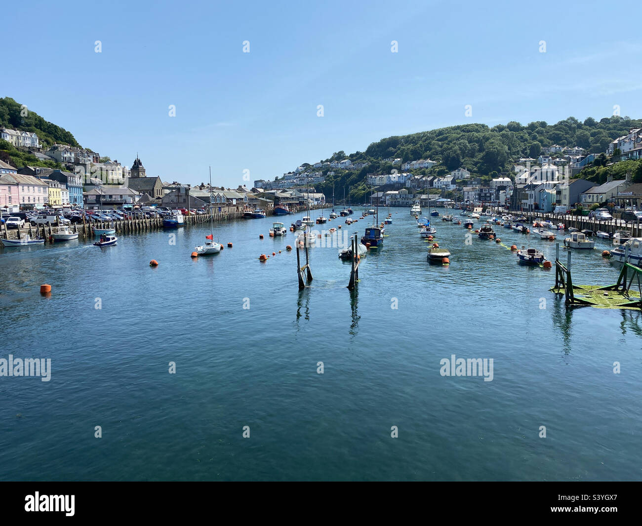 Moorings on the River Looe in summer sunshine, Cornwall, UK - Smartphone Captured Stock Image