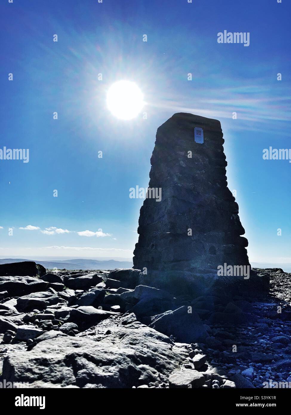 Trig point on the summit of Pen-y-Ghent mountain in the Yorkshire Dales - Smartphone Captured Stock Image