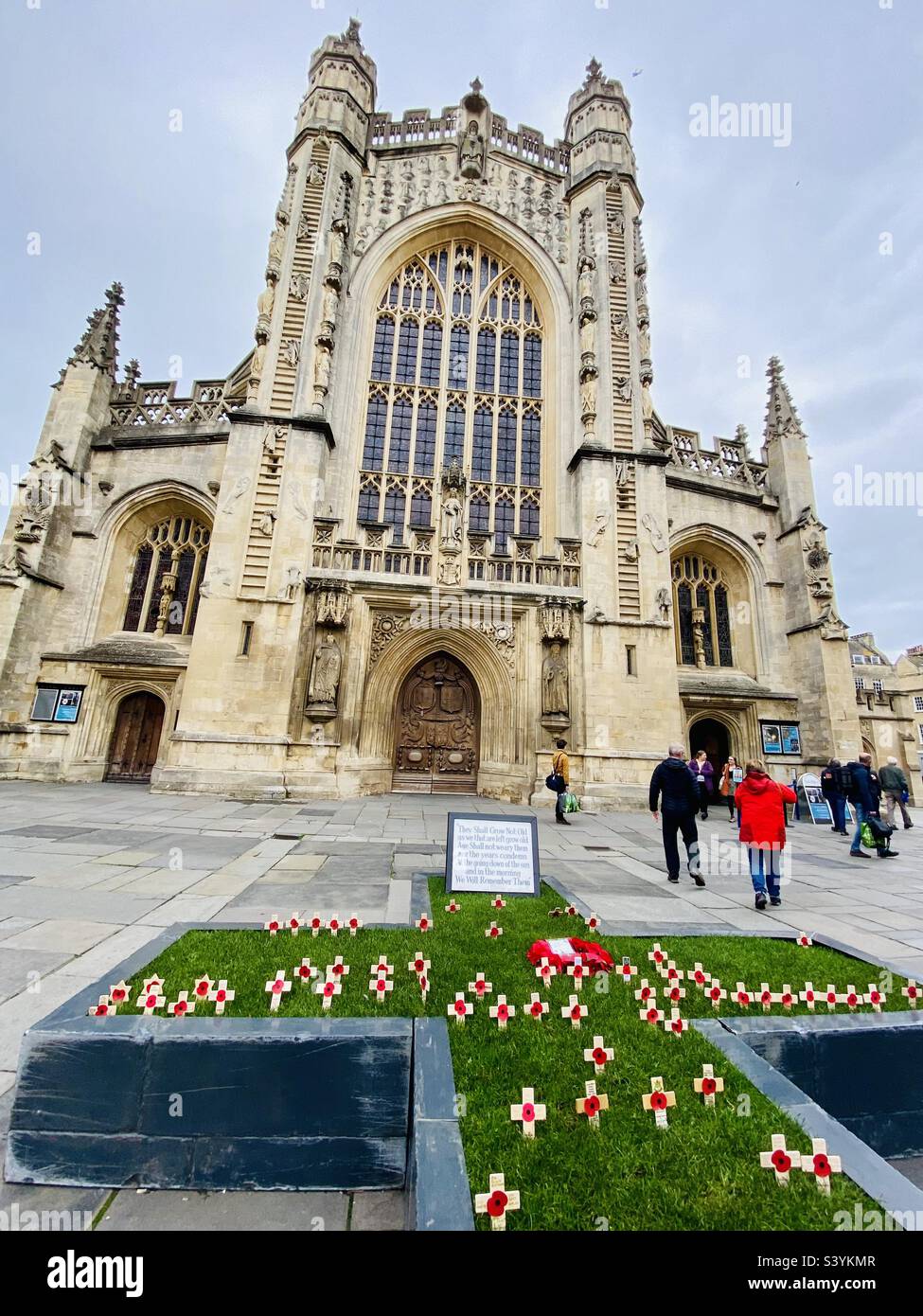Poppies for Remembrance Sunday in a cross outside The Abbey Church of