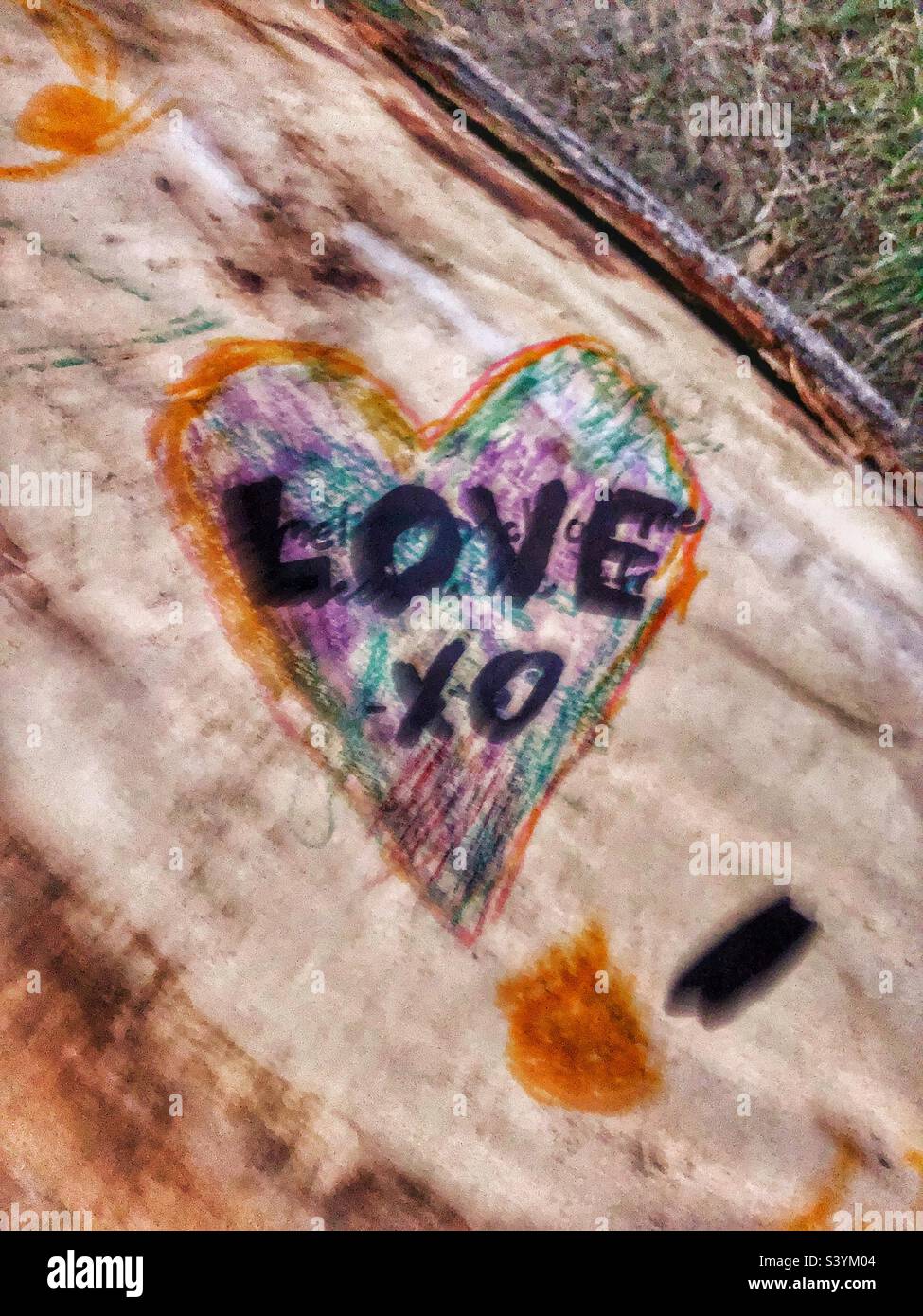 Love heart drawn on a log. - Smartphone Captured Stock Image