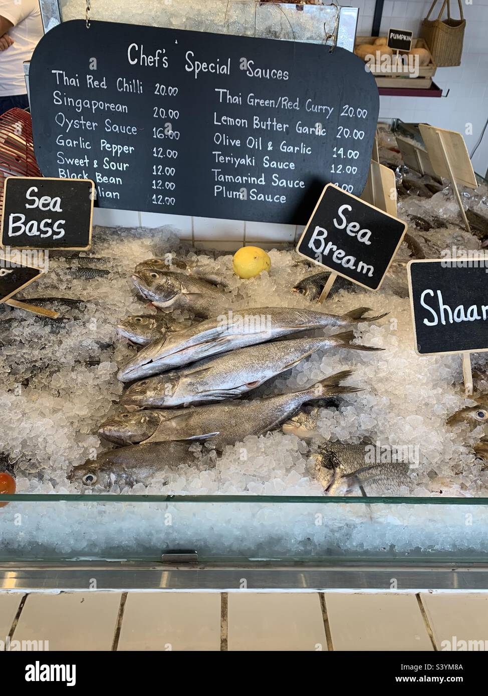 Fresh seafood display at a fish restaurant in Dubai, UAE Stock Photo