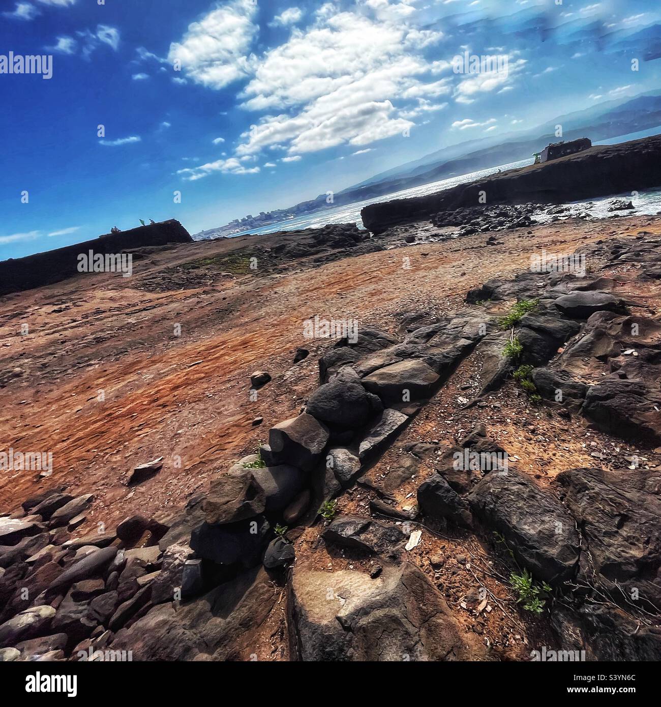 Playa del Confital, Las Palmas, Gran Canaria natural landscape with volcanic rock and Atlantic Ocean waves - Smartphone Captured Stock Image