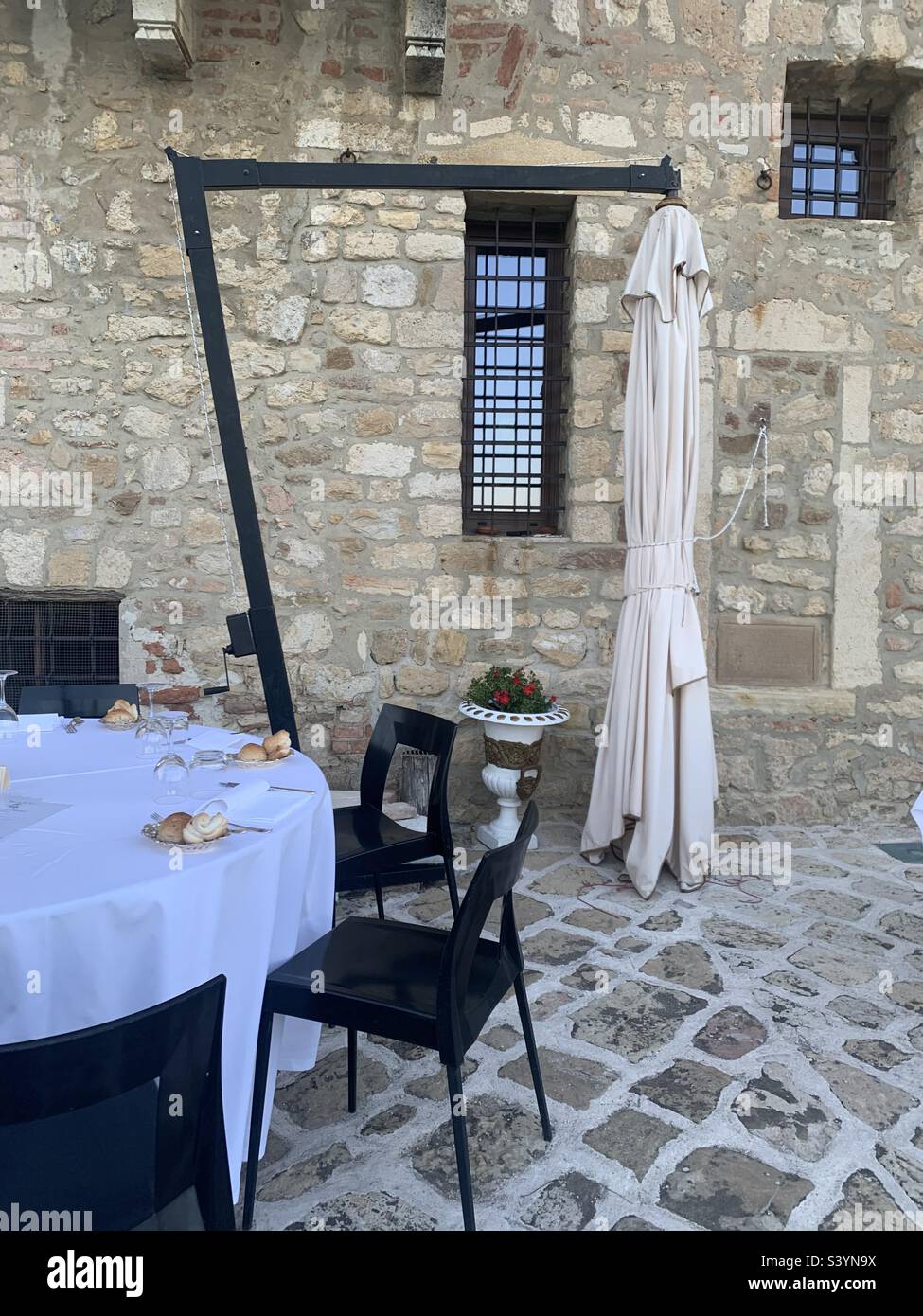 Restaurant in a medieval setting in Northern Italy - Smartphone Captured Stock Image
