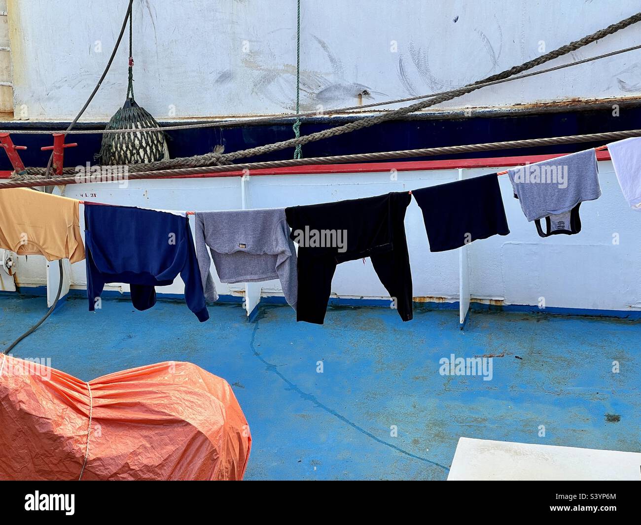 Laundry line on board ship Stock Photo Alamy