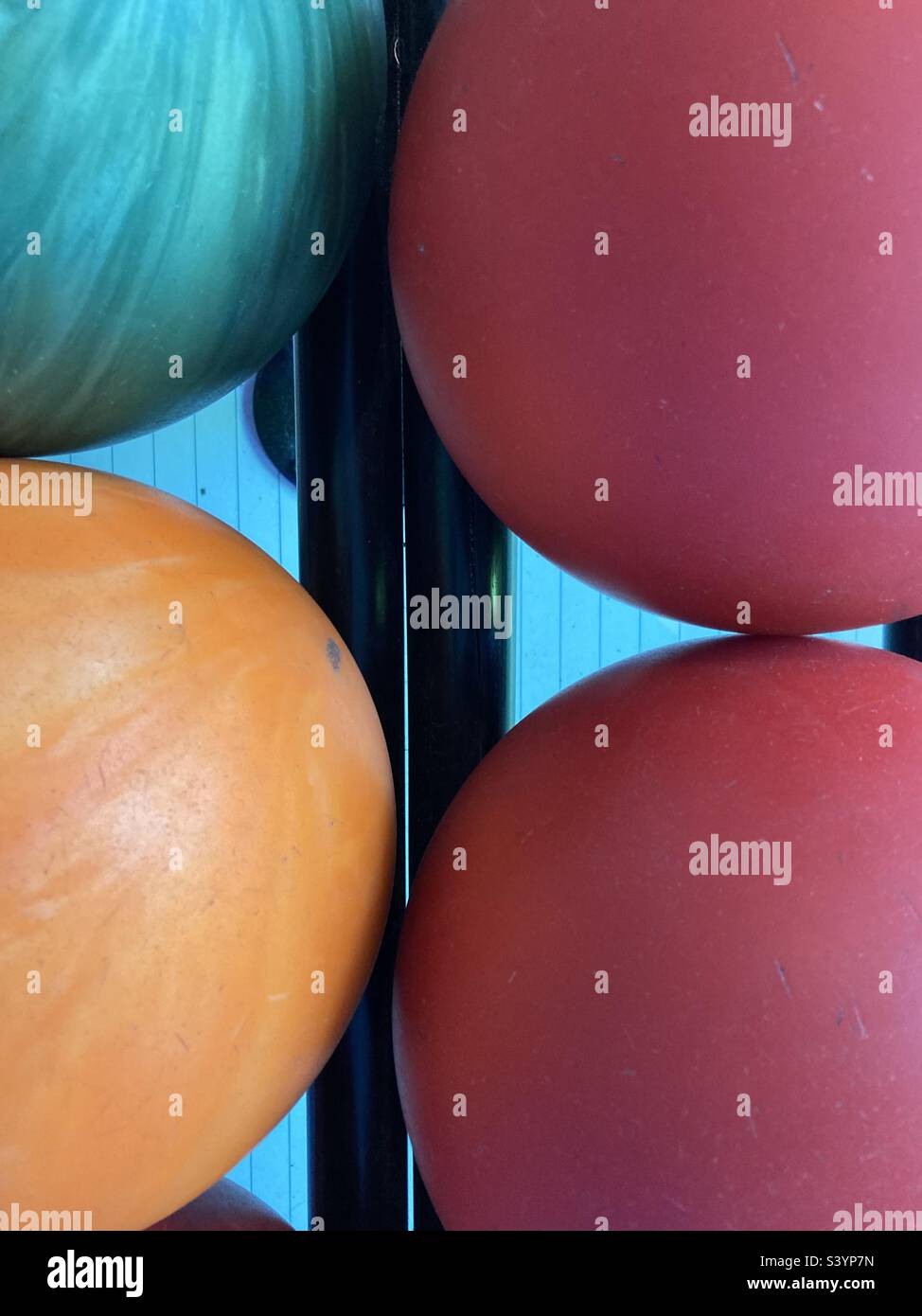 colorful lined up bowling balls Stock Photo Alamy
