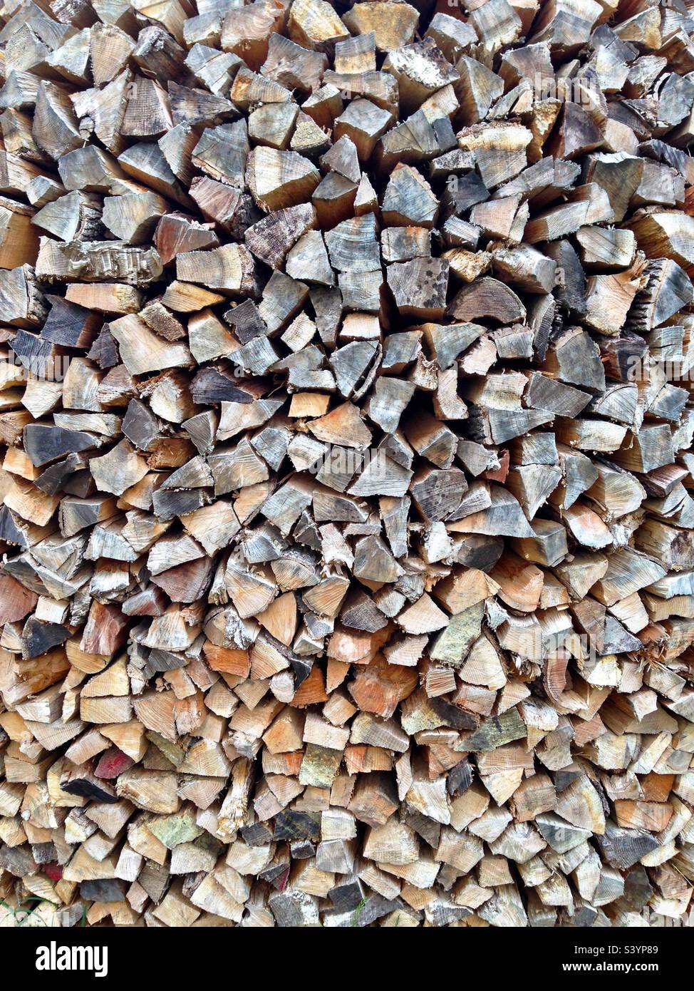 Pile of chopped wood in Massachusetts, which can be used for firewood or serve as a textured background. - Smartphone Captured Stock Image