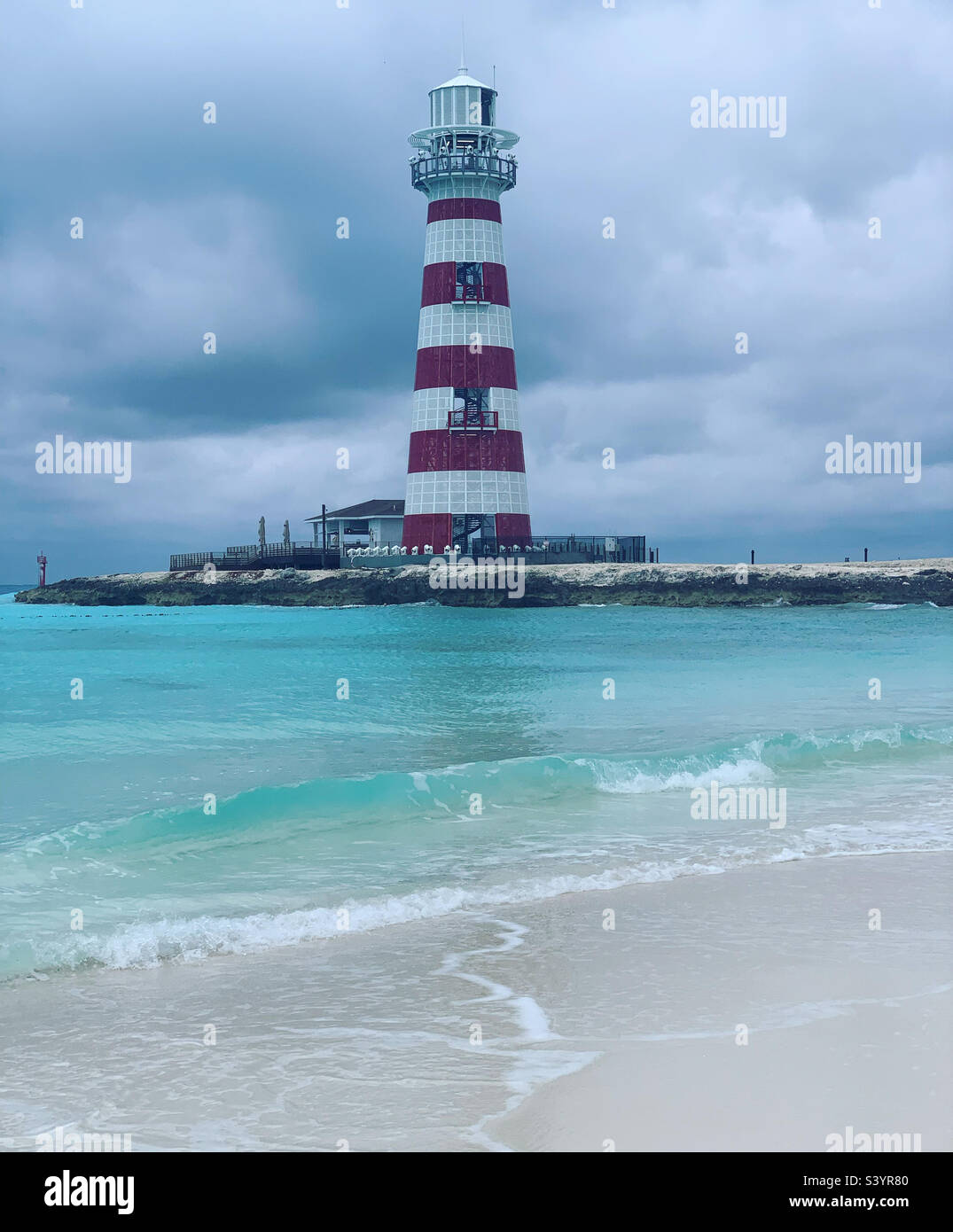 March, 2022, Lighthouse, Ocean Cay, private island of MSC cruiseline, Bimini, Bahamas Stock Photo
