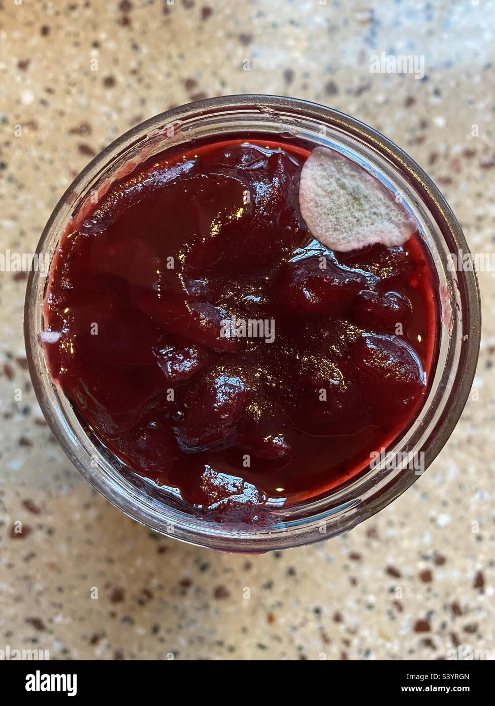 Mold grows in a jar of cranberry relish. - Smartphone Captured Stock Image