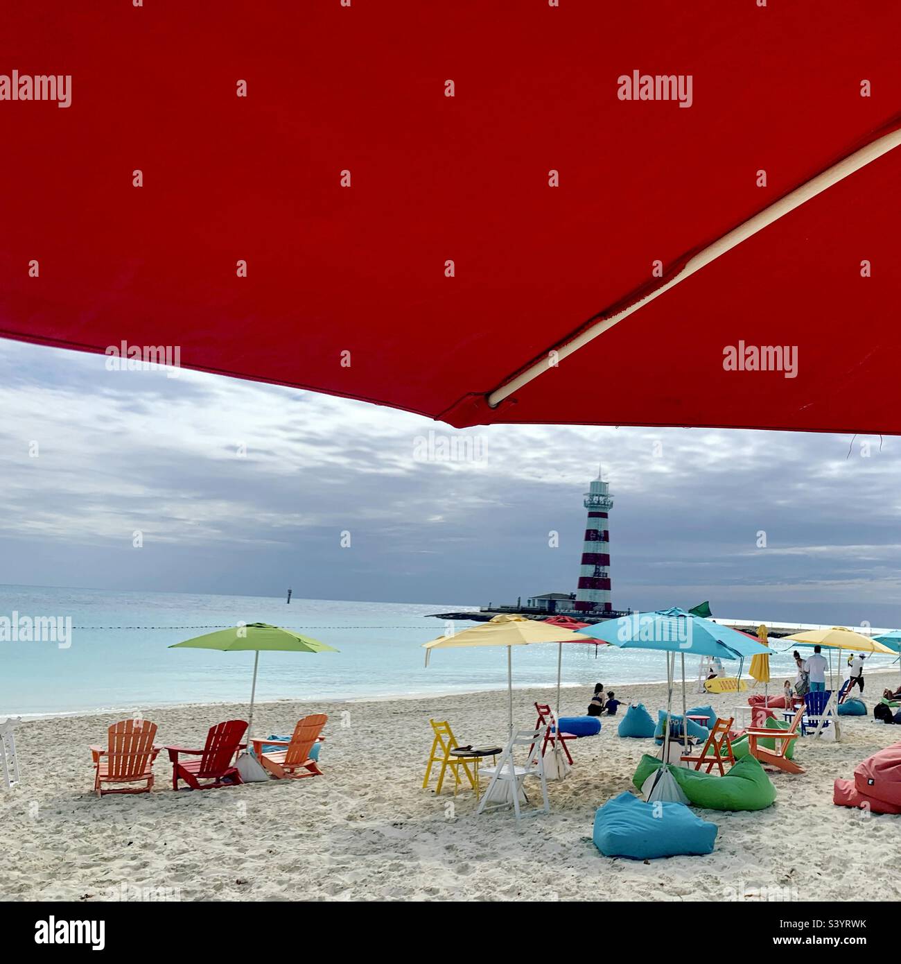 March, 2022, Under an umbrella on Lighthouse Beach, Ocean Cay, private