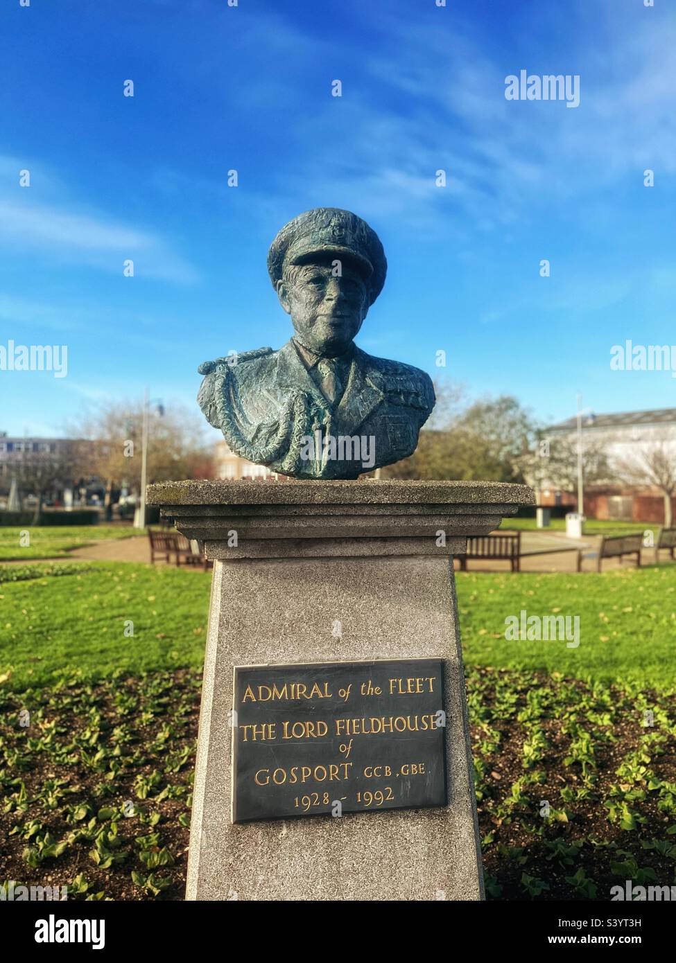 Bust of Admiral of the Fleet Lord Fieldhouse of Gosport sited in
