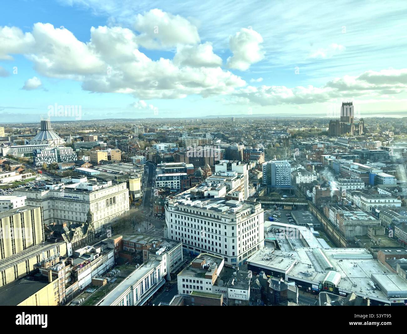 Stunning aerial view of Liverpool cathedral’s - Smartphone Captured Stock Image