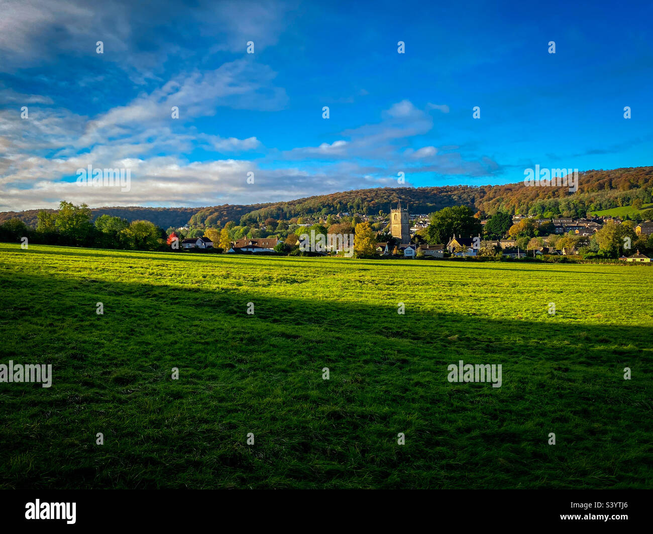 Classic UK autumn village church landscape. A mobile phone photo with some phone or tablet post processing. - Smartphone Captured Stock Image