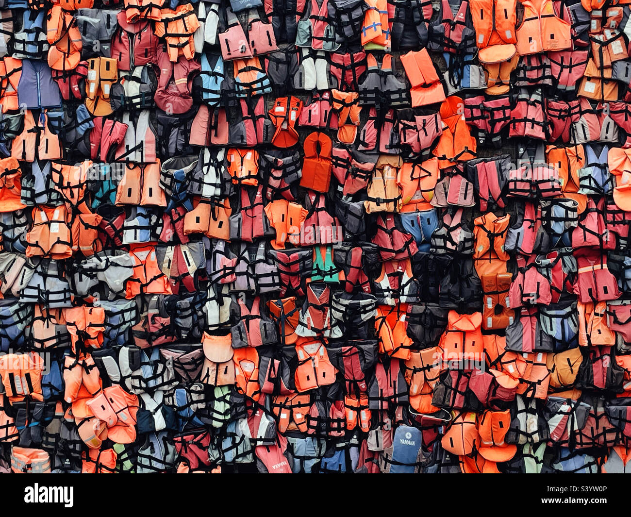 A wall covered in life jackets in Quebec City, Quebec, Canada Stock