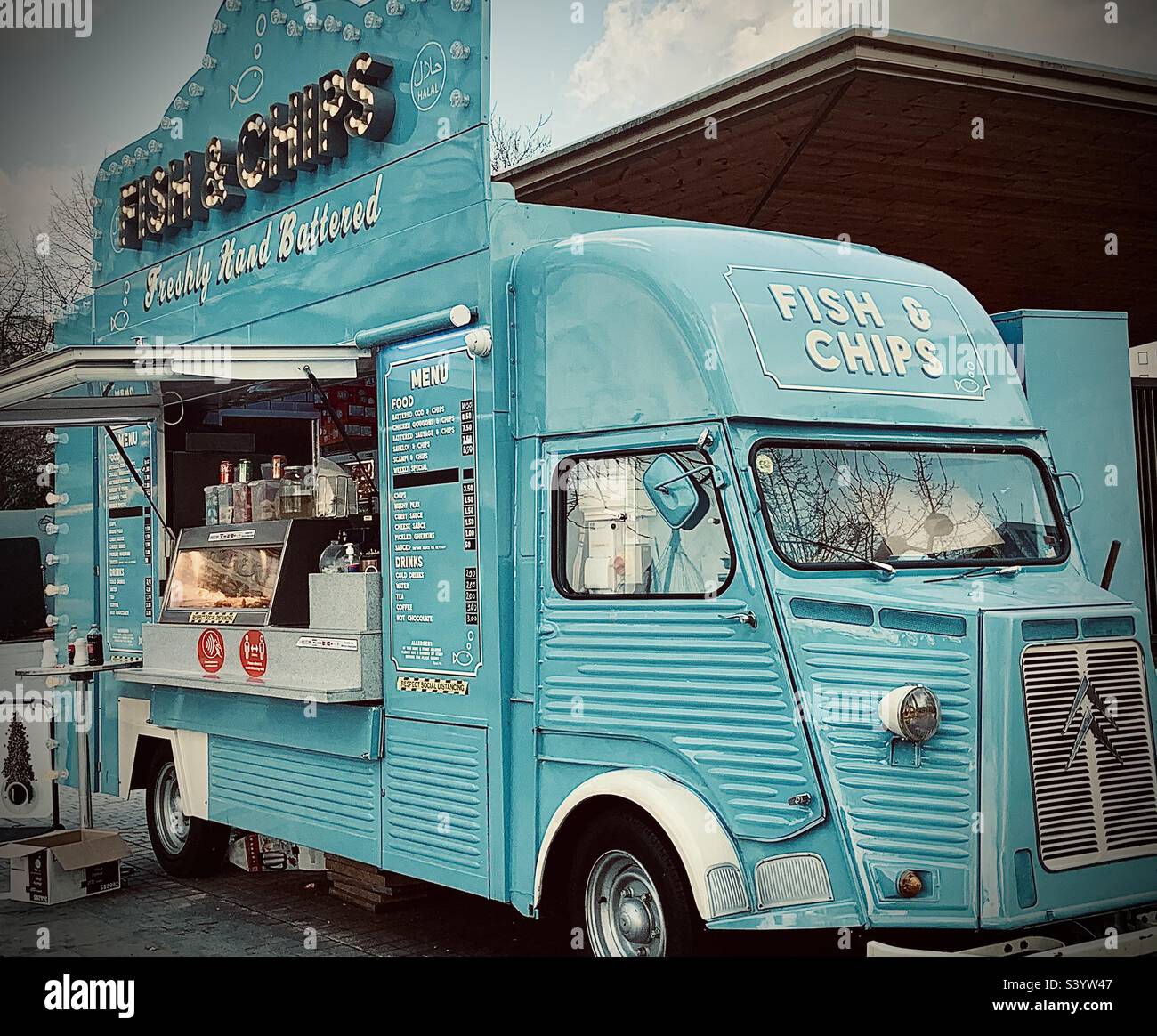 Fish and Chips food stall vehicle at Southbank in London Stock Photo