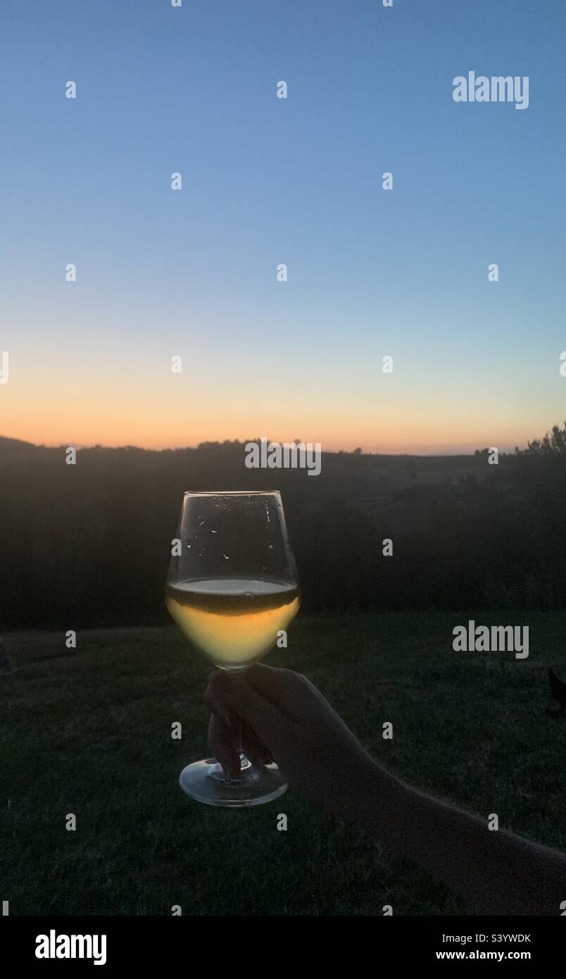 Girl holding a glass of Prosecco against the sunset - Smartphone Captured Stock Image