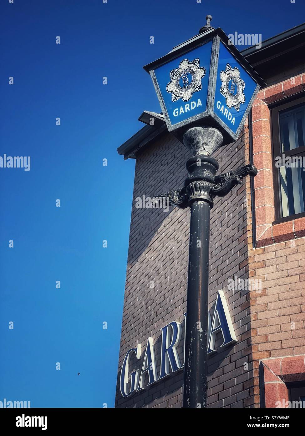 Lamp post outside a Garda station, Dungarvan, County Waterford, Southern Ireland. Stock Photo