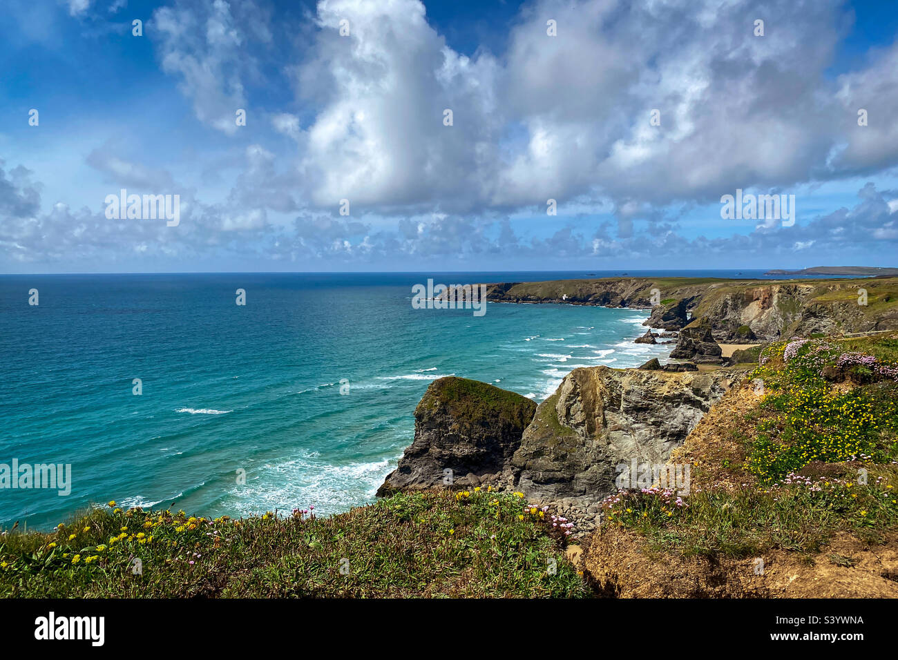 Rugged Cornish coastline in spring sunshine at Bedruthan. A mobile phone photo with some phone or tablet post processing. - Smartphone Captured Stock Image