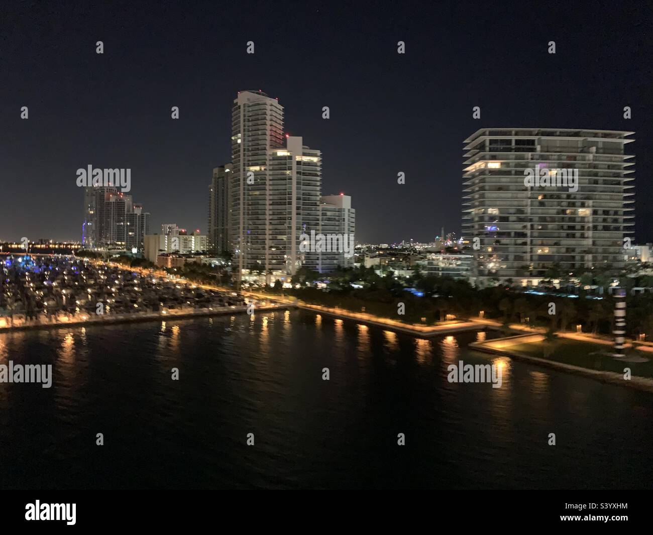 March, 2022, early morning view of Miami from a cruise ship returning from a Caribbean cruise - Smartphone Captured Stock Image