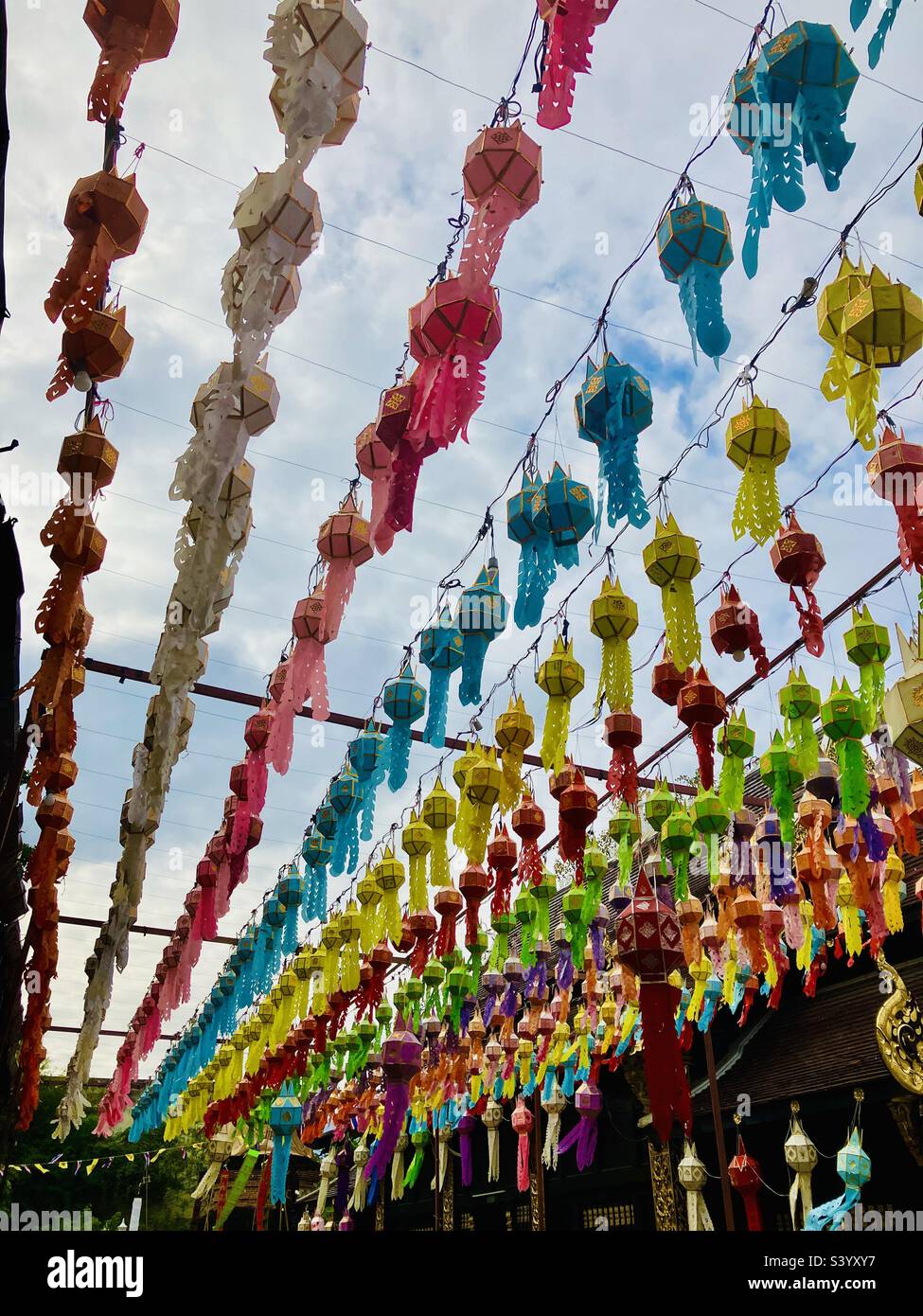 Colourful paper lanterns in Wat Phan Tao temple, Chiang Mai, Thailand - Smartphone Captured Stock Image